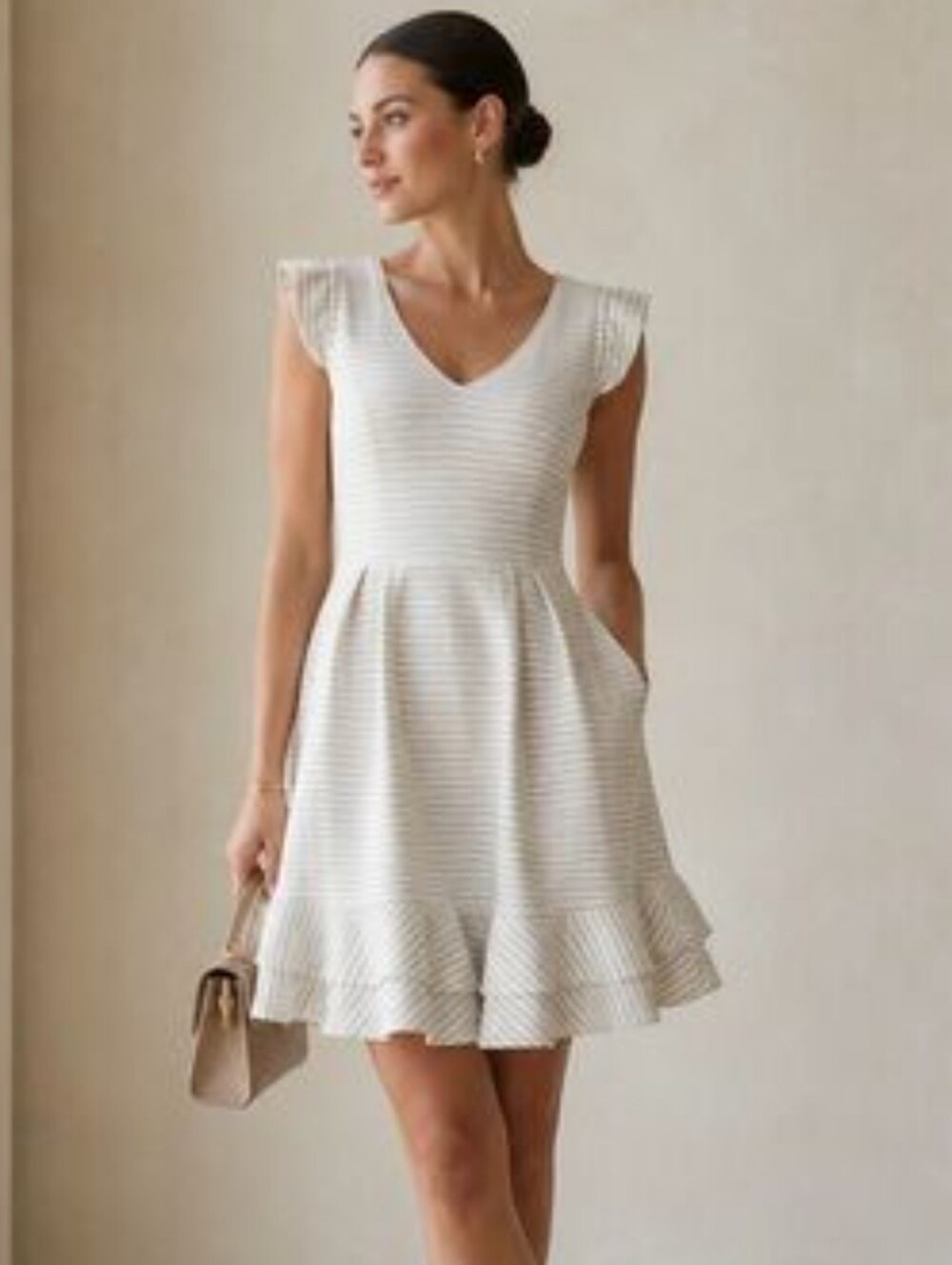ANTHROPOLOGIE Sunland Maeve Stripes Ruffle Mini Dress Cream White Stripe 6